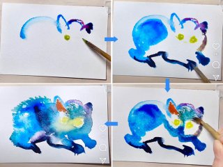 猫談義の中で絵筆が動き…（左上から時計回りに）／（提供写真）