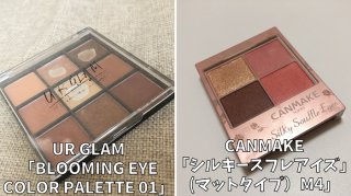 UR GLAM「BLOOMING EYE COLOR PALETTE 01」税込110円＝以下同／CANMAKE「シルキースフレアイズ（マットタイプ）M4」825円（C）コクハク