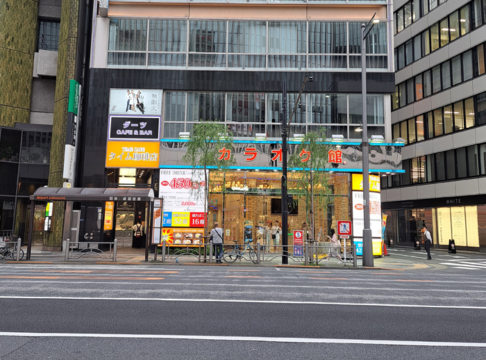 外堀通り沿いにあるカラオケ館。向かいは“日本一有名”な宝くじ売り場、西銀座チャンスセンター（C）コクハク