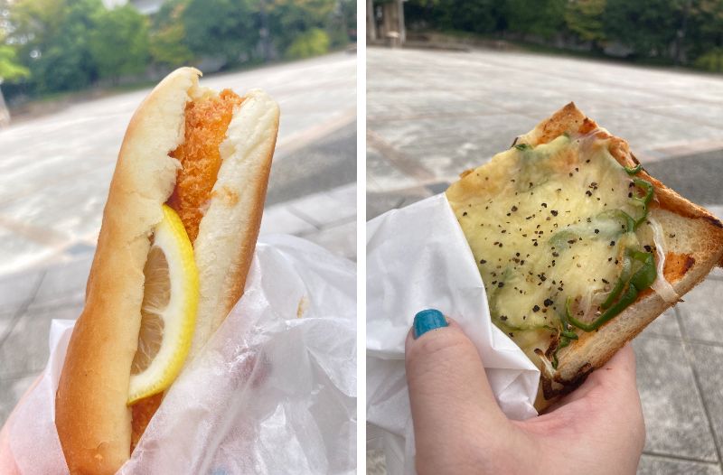 エビプリカツロールは生レモンもサクッと食べられるから不思議。こんな幸せが200円台で買えるなんて日本も捨てたもんじゃありません（写真左）／コッペパンだけではなく、普通のパンもあります。これはトーストにピザの具材をのせたもの。冷めていてもおいしさは冷めず