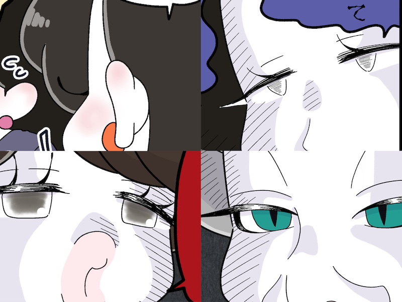 左上から、モジョ子、コミ、マキさん、ママ（漫画:おくげちゃん）